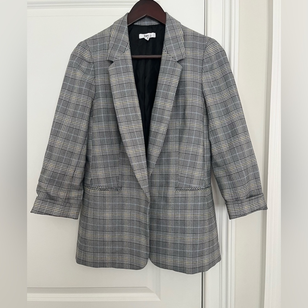 Bar III Womens Sz. S Grey Plaid 3/4 Sleeve Open front
